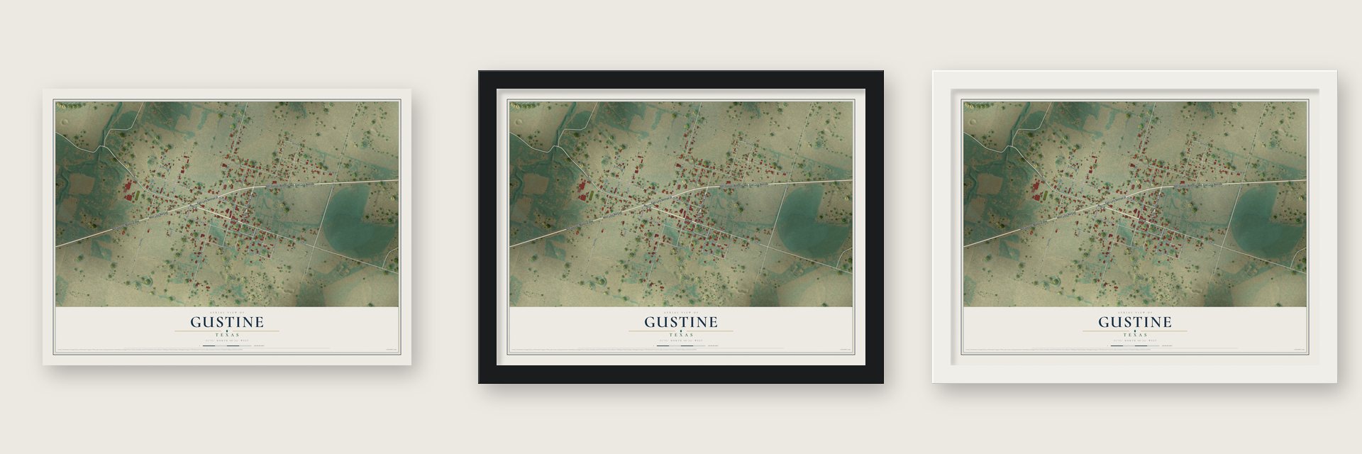 Gustine, Texas map unframed, in a black wood frame and in a white wood frame