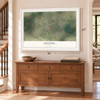 Gustine, Texas map, 24 x 36 inch print in a white frame above a dresser by a staircase
