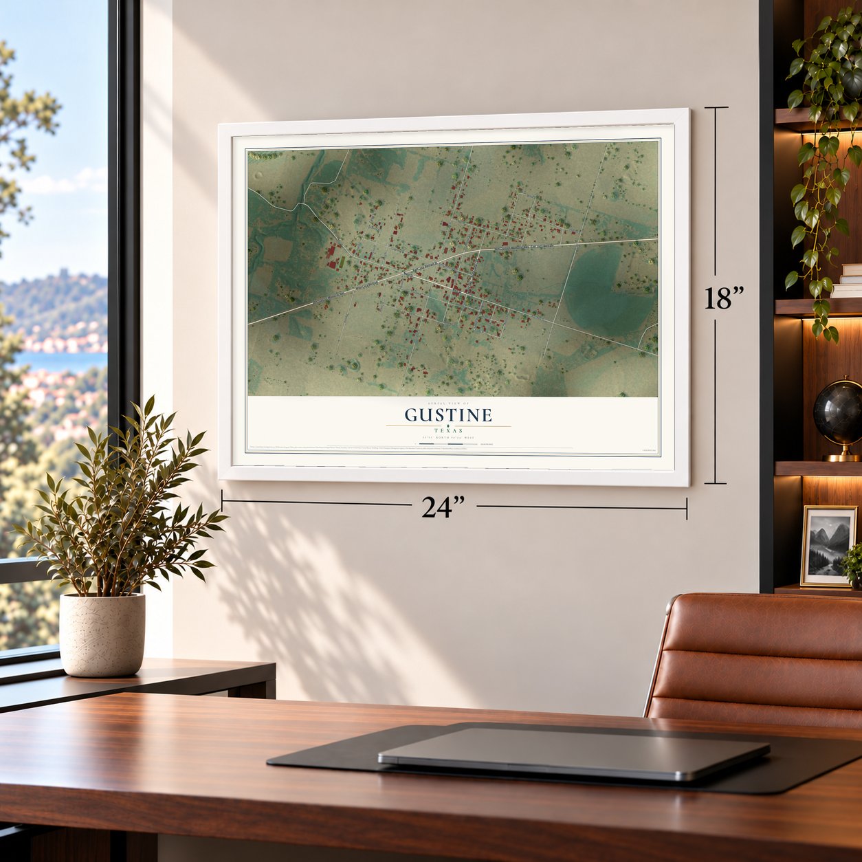Gustine, Texas map, 18 x 24 inch print in a white frame in a home office