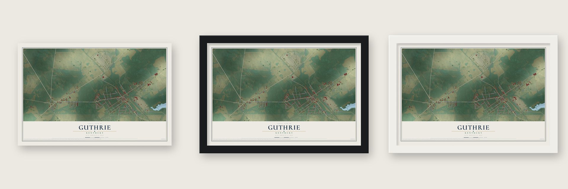 Guthrie, Kentucky map unframed, in a black wood frame and in a white wood frame
