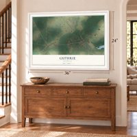 Guthrie, Kentucky map, 24 x 36 inch print in a white frame above a dresser by a staircase