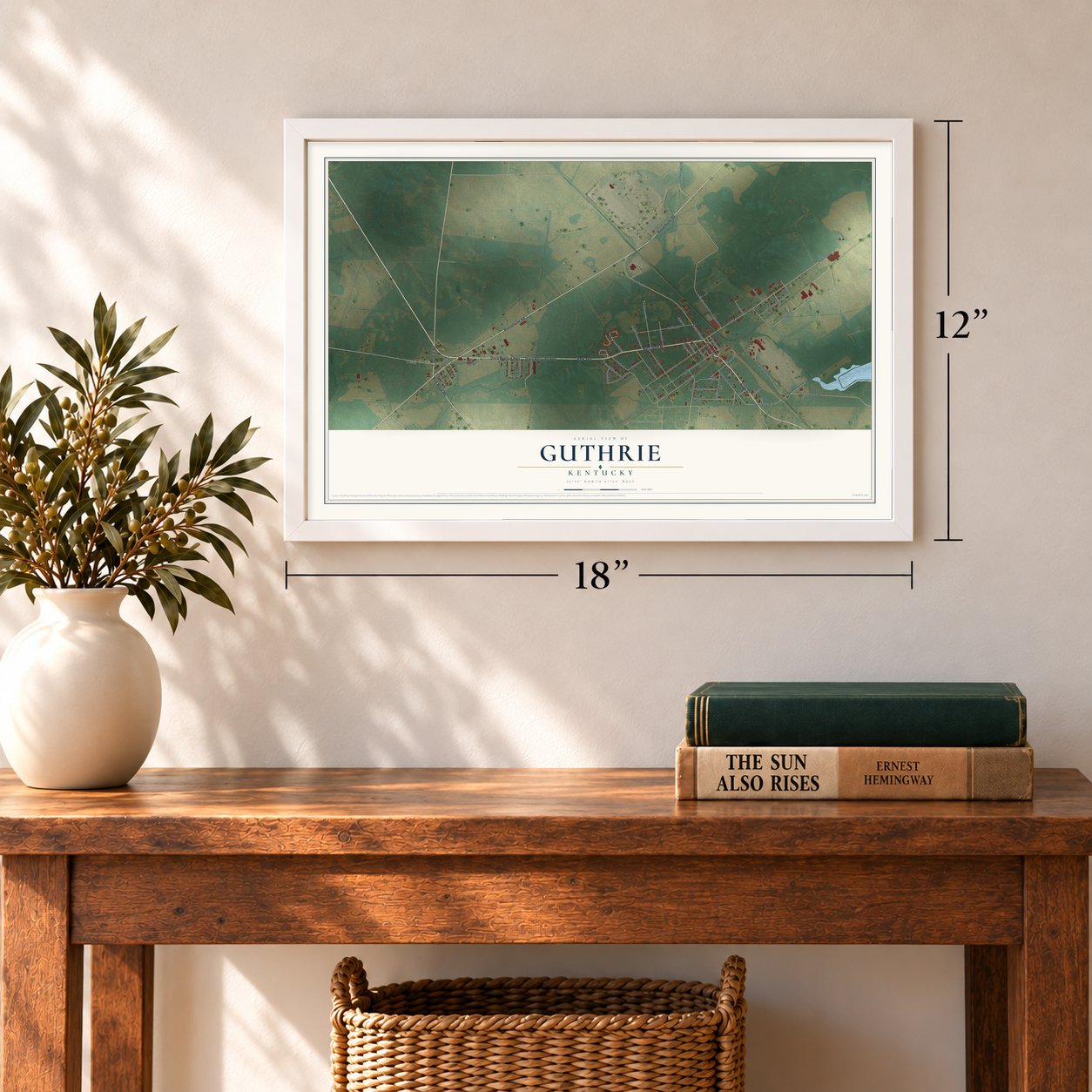 Guthrie, Kentucky map, 12 x 18 inch print in a white frame in an entryway