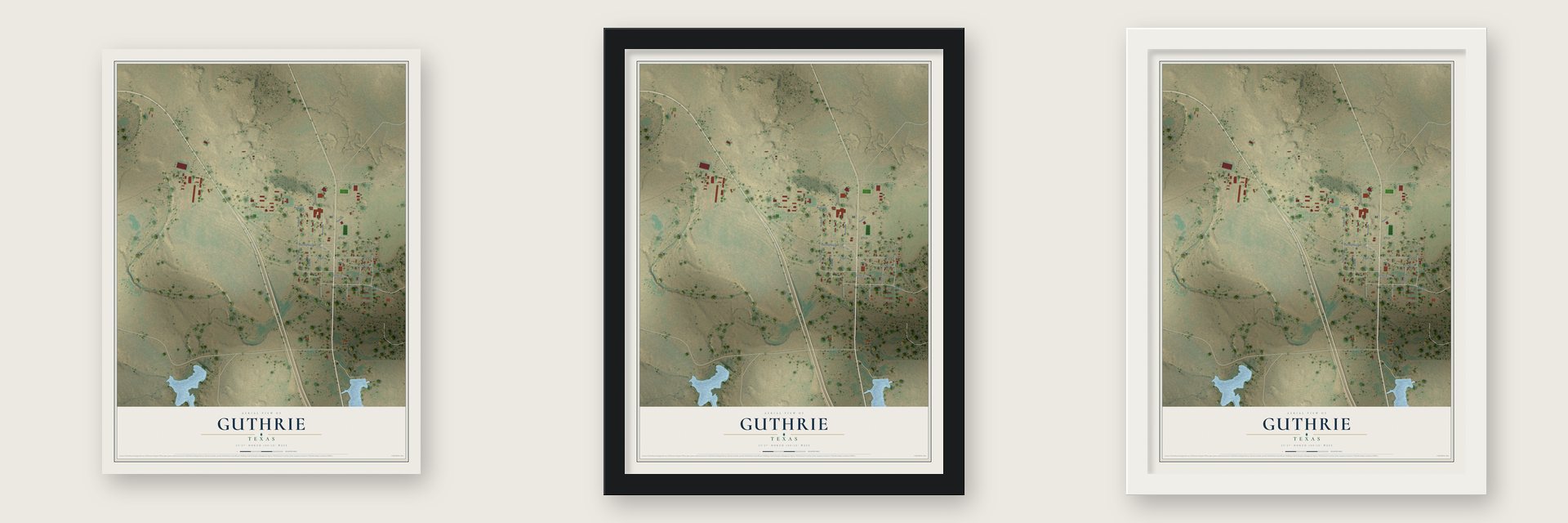 Guthrie, Texas map unframed, in a black wood frame and in a white wood frame