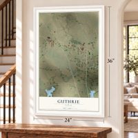 Guthrie, Texas map, 24 x 36 inch print in a white frame by a staircase