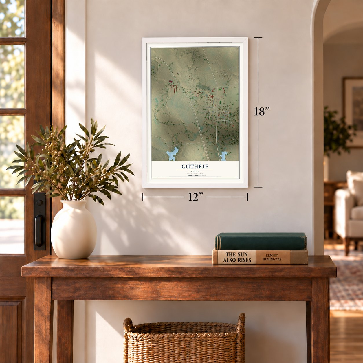 Guthrie, Texas map, 12 x 18 inch print in a white frame in an entryway