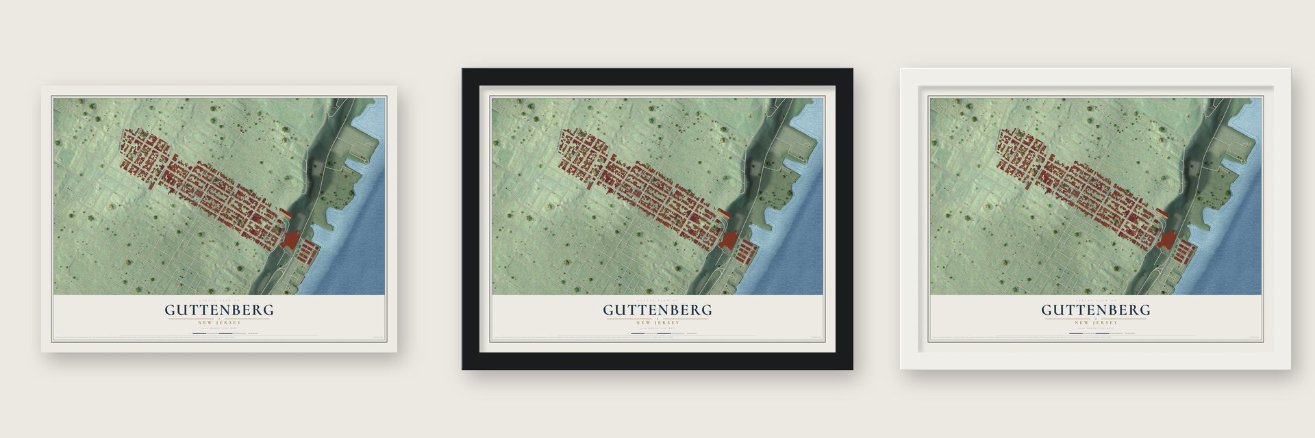 Guttenberg, New Jersey map unframed, in a black wood frame and in a white wood frame