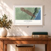 Guttenberg, New Jersey map, 12 x 18 inch print in a white frame in an entryway