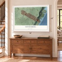 Guttenberg, New Jersey map, 24 x 36 inch print in a white frame above a dresser by a staircase