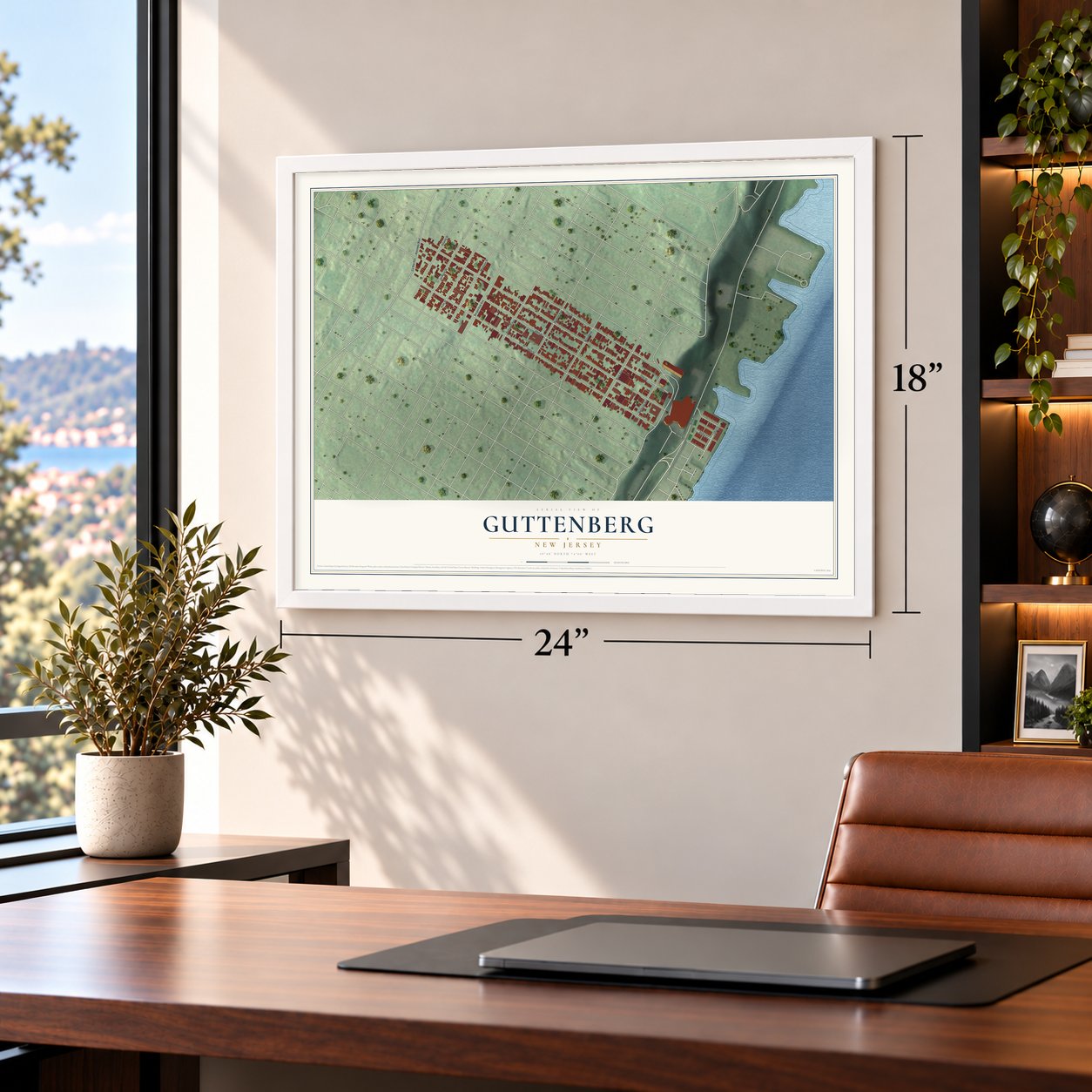 Guttenberg, New Jersey map, 18 x 24 inch print in a white frame in a home office