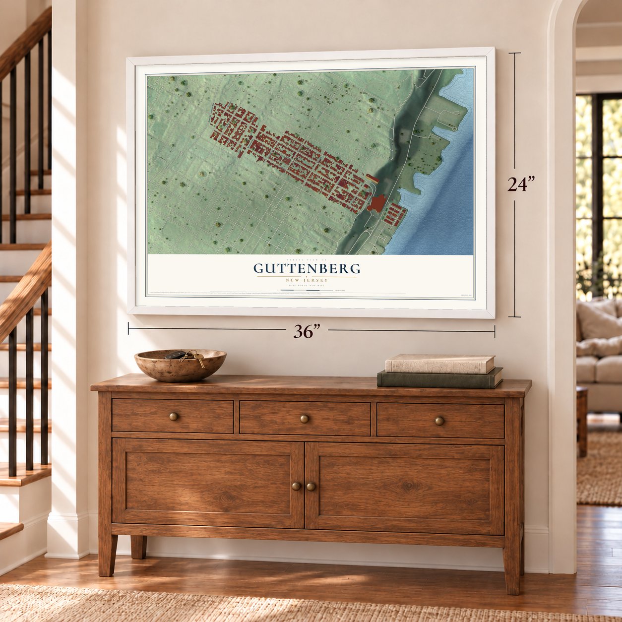Guttenberg, New Jersey map, 24 x 36 inch print in a white frame above a dresser by a staircase