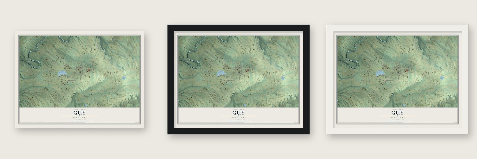 Guy, Arkansas map unframed, in a black wood frame and in a white wood frame