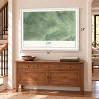 Guy, Arkansas map, 24 x 36 inch print in a white frame above a dresser by a staircase