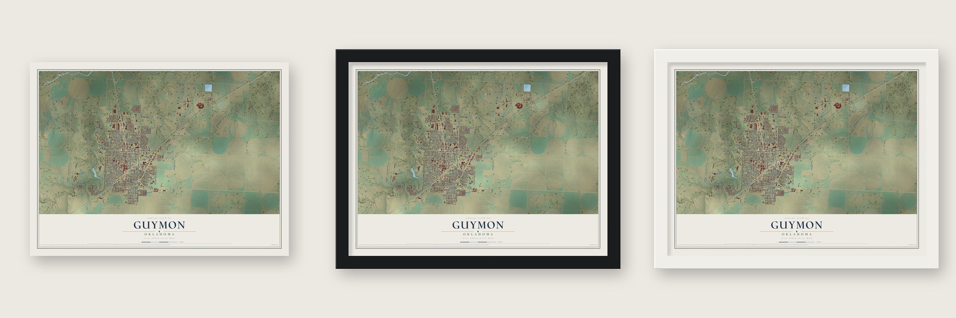 Guymon, Oklahoma map unframed, in a black wood frame and in a white wood frame