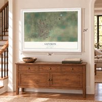 Guymon, Oklahoma map, 24 x 36 inch print in a white frame above a dresser by a staircase