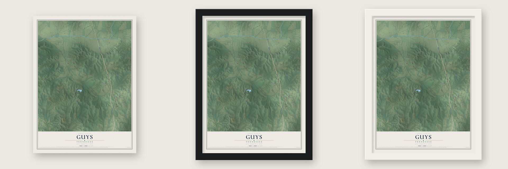 Guys, Tennessee map unframed, in a black wood frame and in a white wood frame