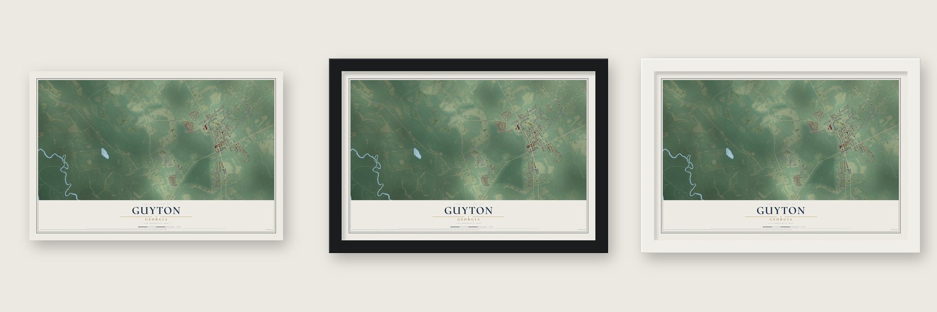 Guyton, Georgia map unframed, in a black wood frame and in a white wood frame