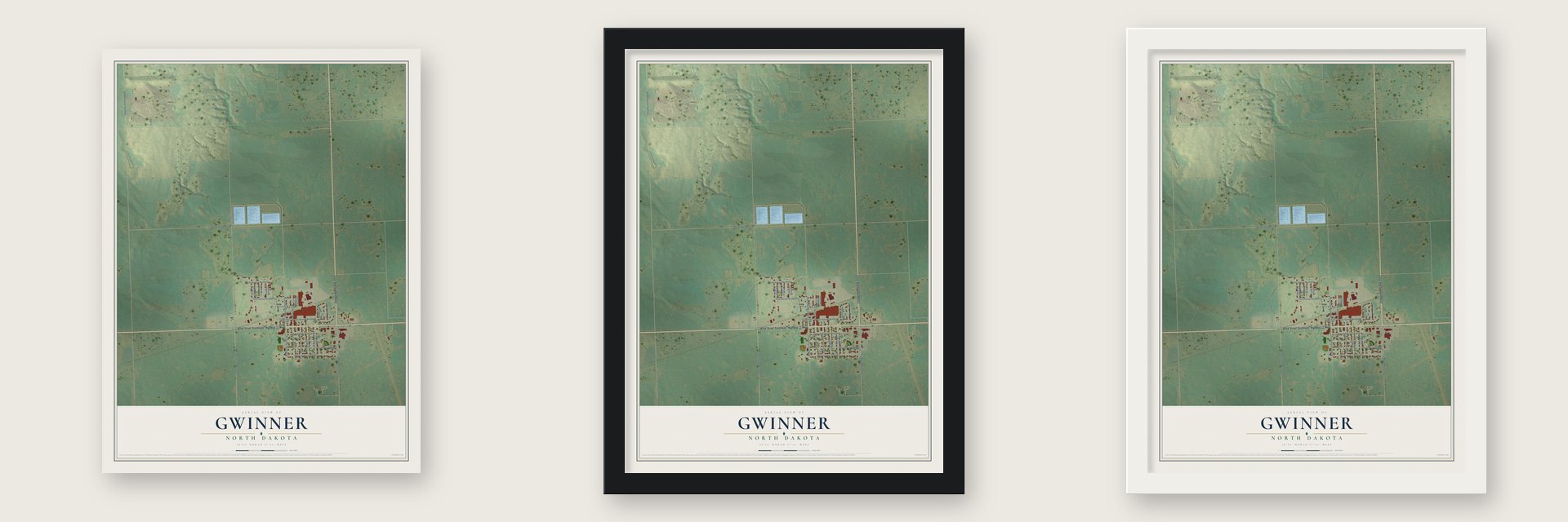 Gwinner, North Dakota map unframed, in a black wood frame and in a white wood frame