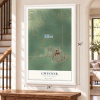Gwinner, North Dakota map, 24 x 36 inch print in a white frame by a staircase