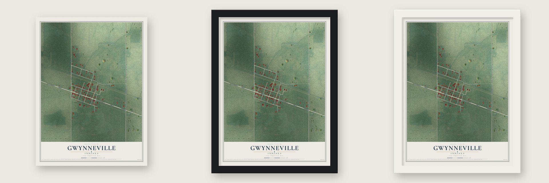 Gwynneville, Indiana map unframed, in a black wood frame and in a white wood frame