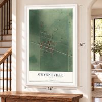 Gwynneville, Indiana map, 24 x 36 inch print in a white frame by a staircase