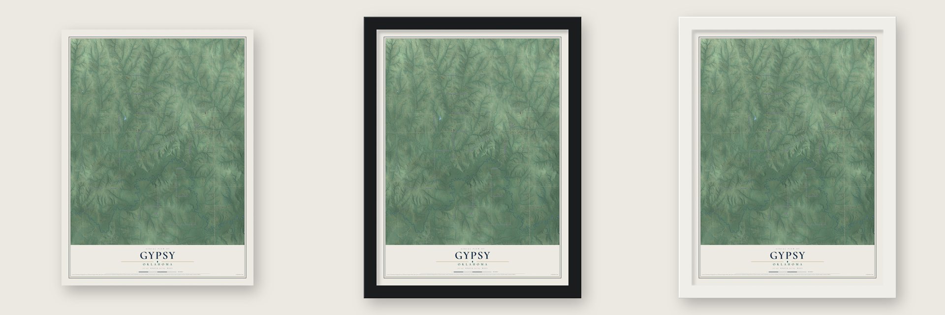 Gypsy, Oklahoma map unframed, in a black wood frame and in a white wood frame