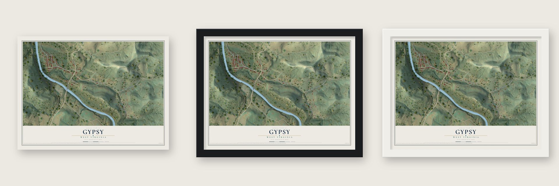 Gypsy, West Virginia map unframed, in a black wood frame and in a white wood frame