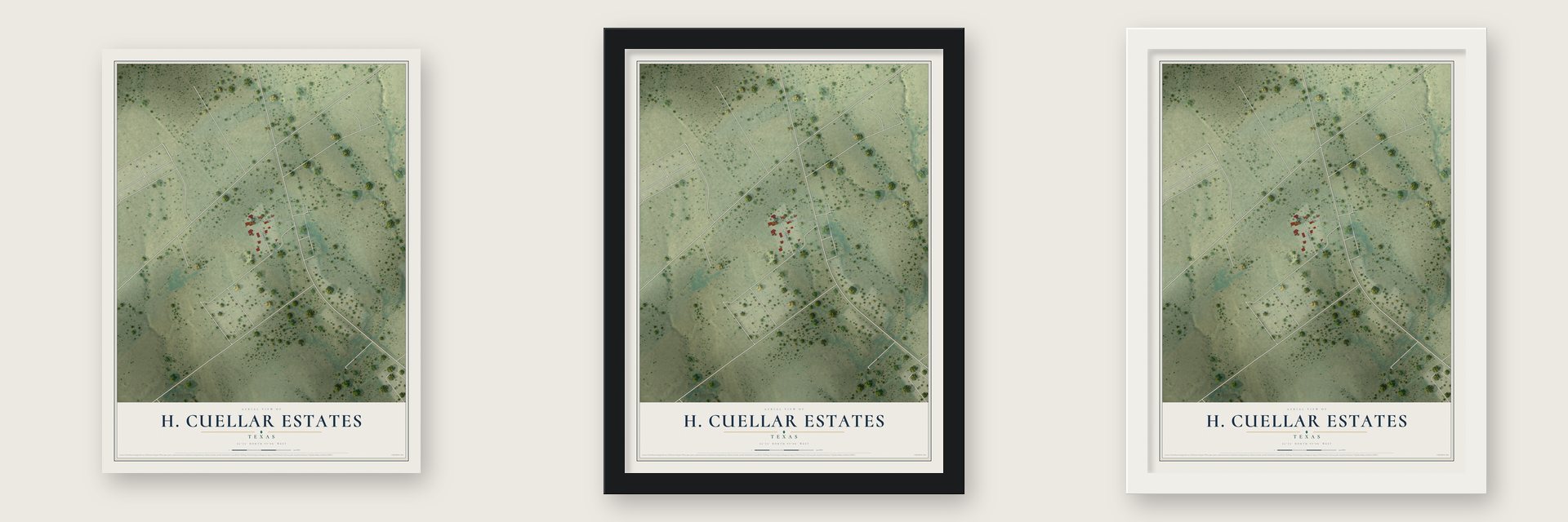 H. Cuellar Estates, Texas map unframed, in a black wood frame and in a white wood frame