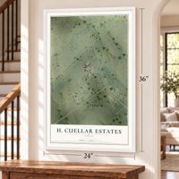H. Cuellar Estates, Texas map, 24 x 36 inch print in a white frame by a staircase