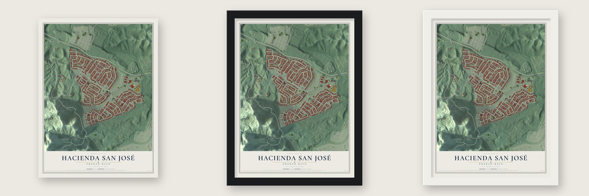 Hacienda San José, Puerto Rico map unframed, in a black wood frame and in a white wood frame