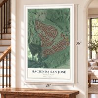 Hacienda San José, Puerto Rico map, 24 x 36 inch print in a white frame by a staircase