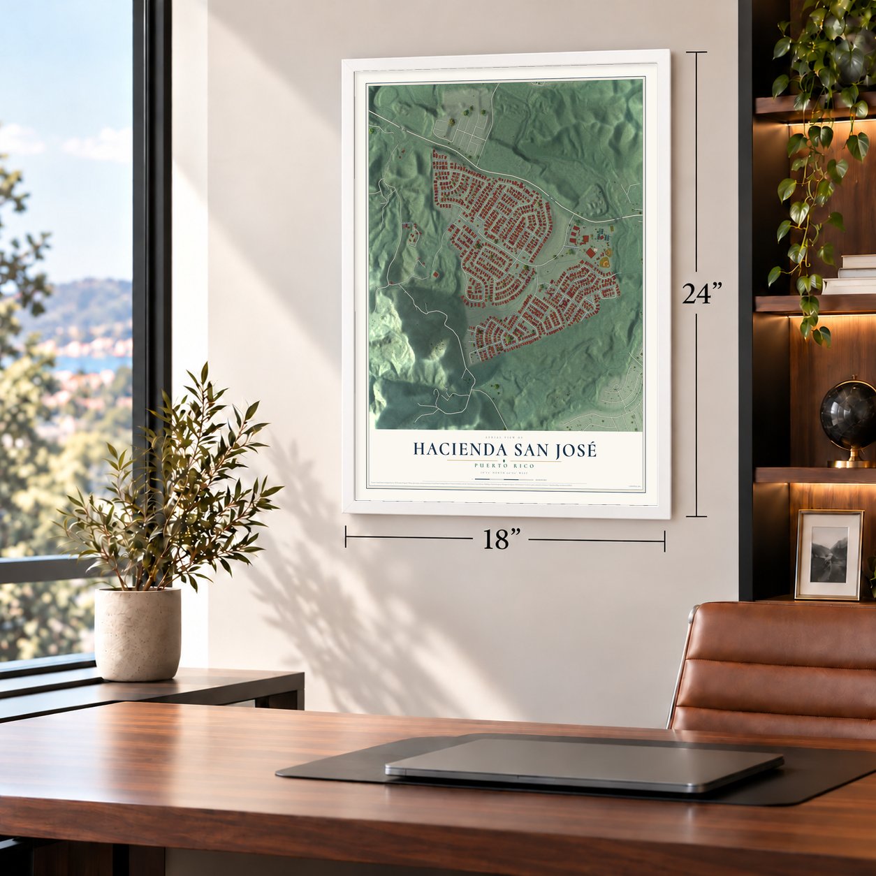 Hacienda San José, Puerto Rico map, 18 x 24 inch print in a white frame in a home office