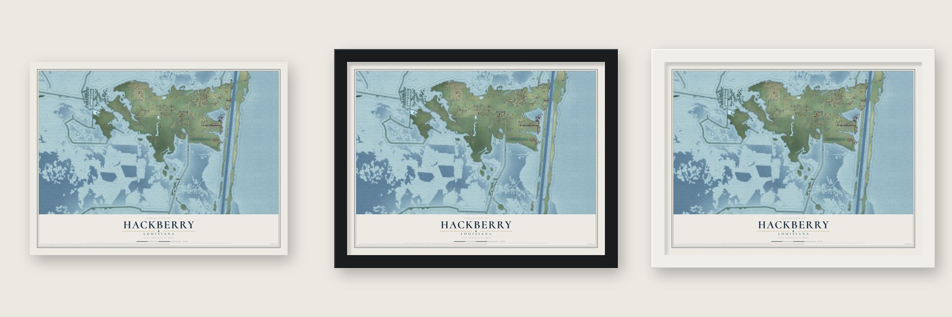 Hackberry, Louisiana map unframed, in a black wood frame and in a white wood frame