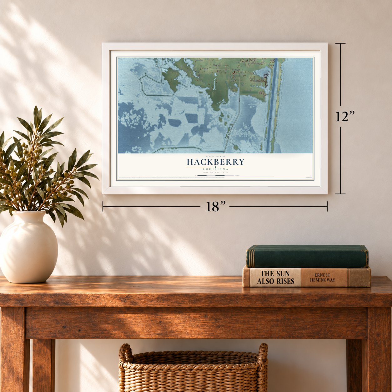 Hackberry, Louisiana map, 12 x 18 inch print in a white frame in an entryway