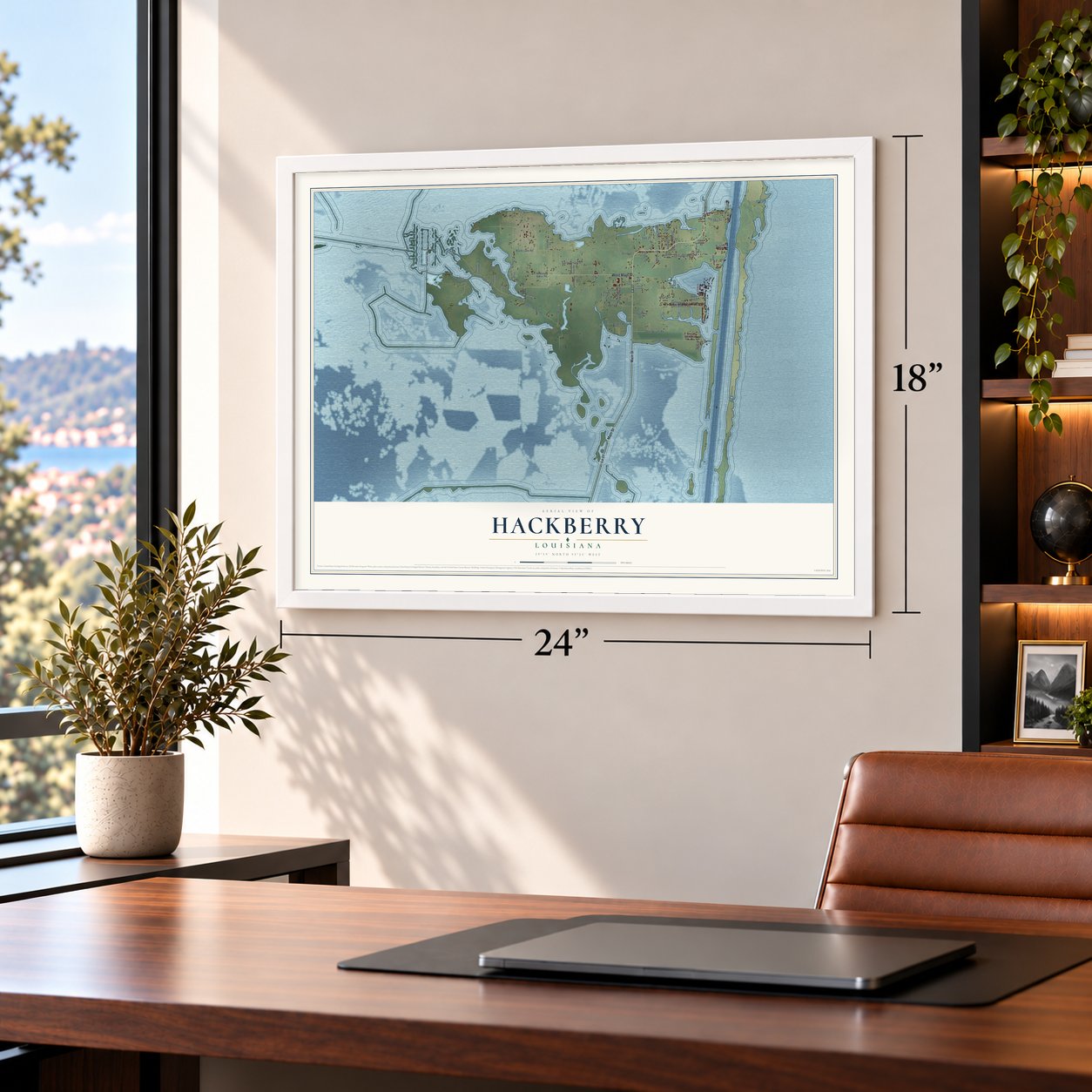 Hackberry, Louisiana map, 18 x 24 inch print in a white frame in a home office
