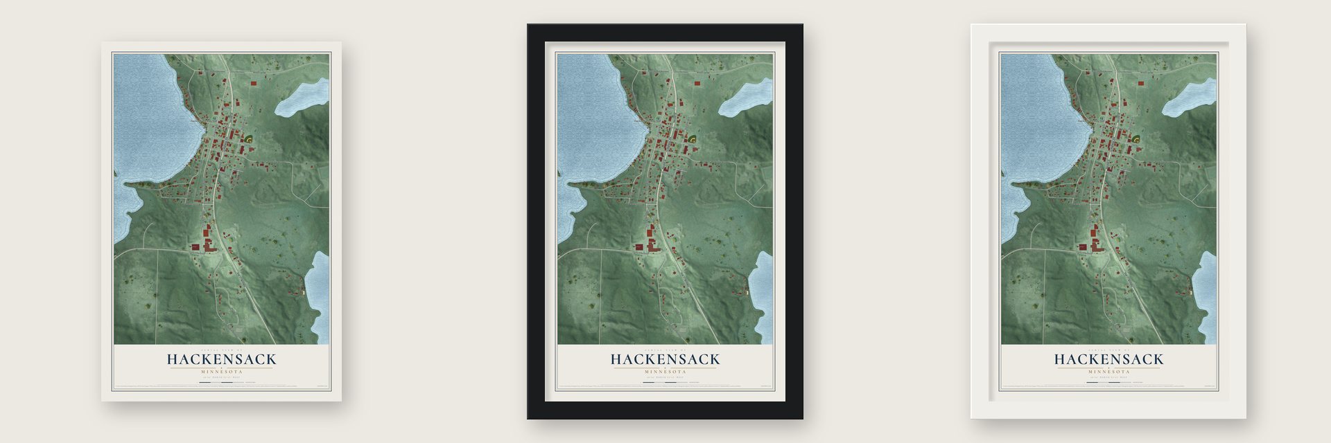 Hackensack, Minnesota map unframed, in a black wood frame and in a white wood frame