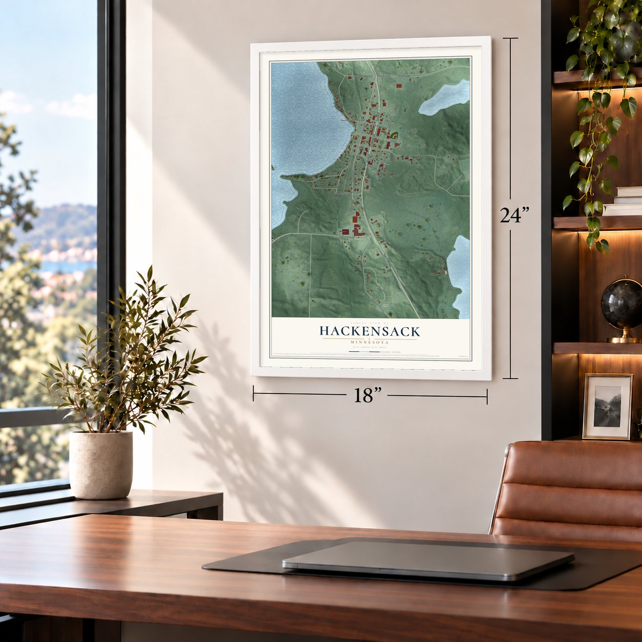 Hackensack, Minnesota map, 18 x 24 inch print in a white frame in a home office