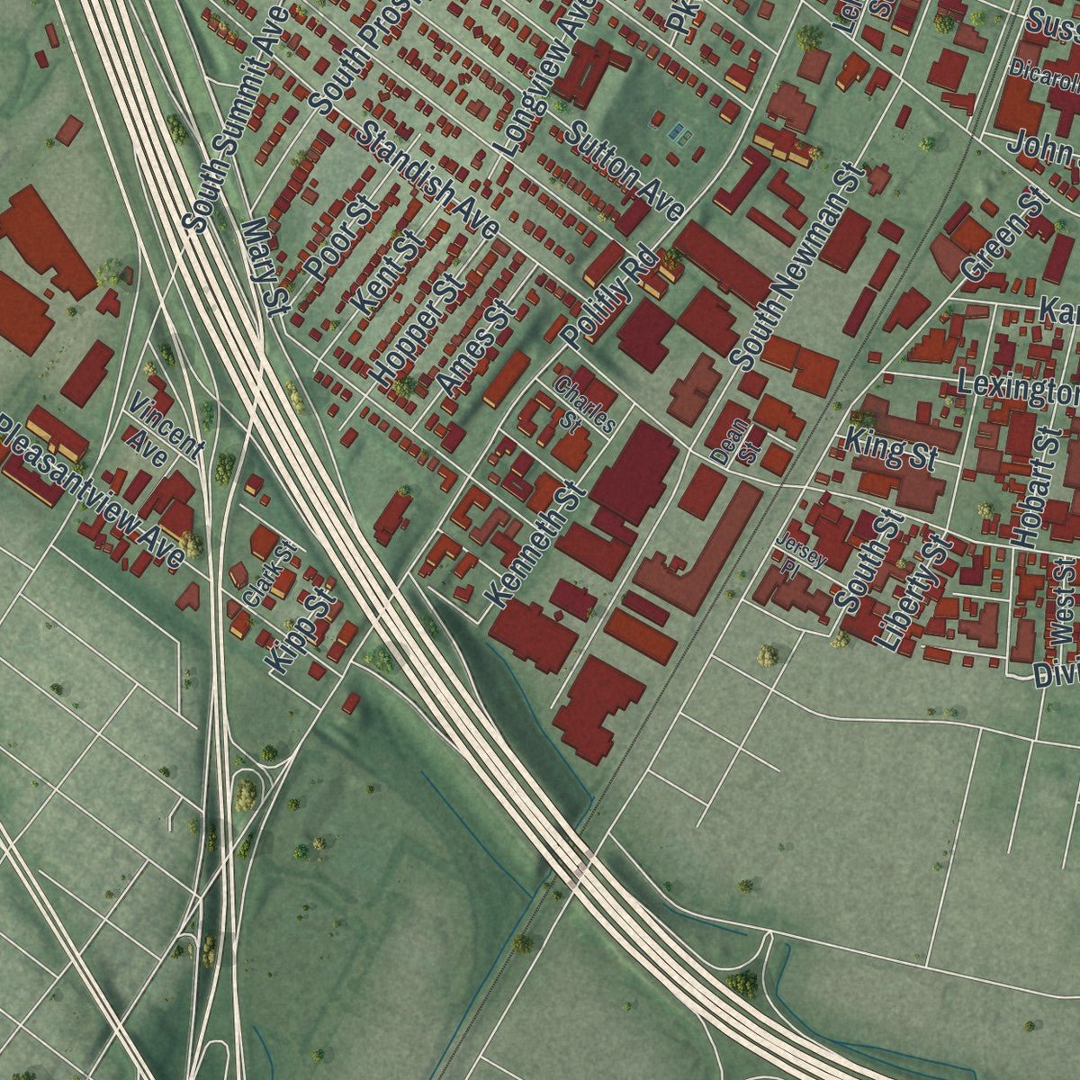 Second close-up of the map of Hackensack, New Jersey print showing more streets and buildings