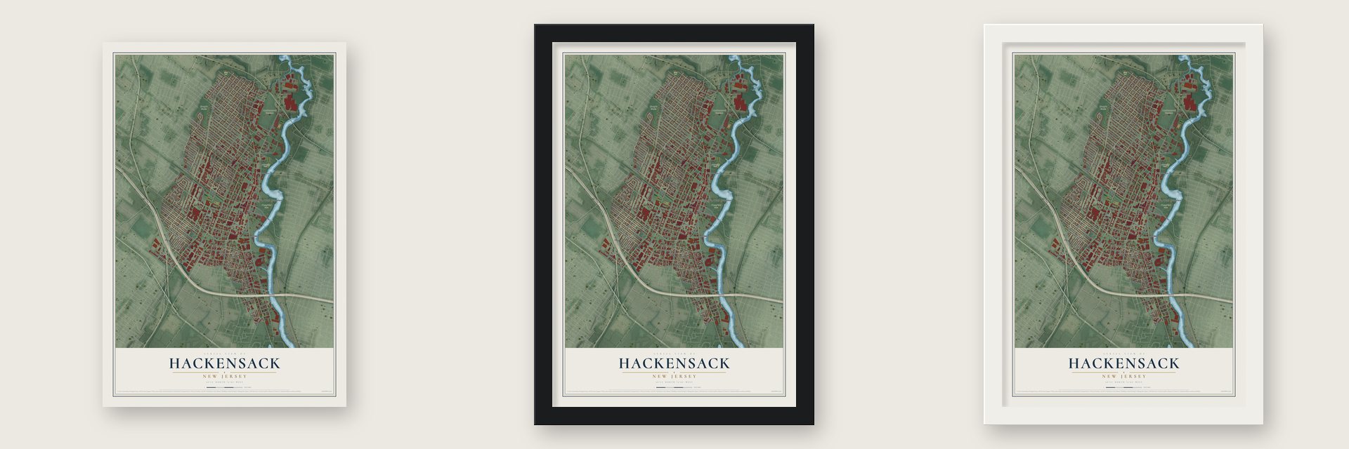 Hackensack, New Jersey map unframed, in a black wood frame and in a white wood frame