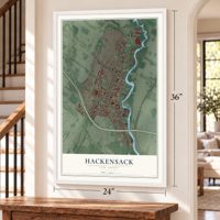 Hackensack, New Jersey map, 24 x 36 inch print in a white frame by a staircase