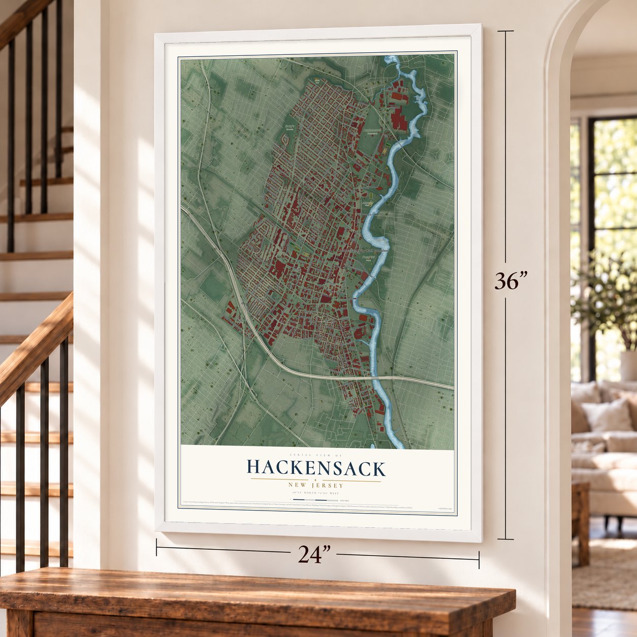 Hackensack, New Jersey map, 24 x 36 inch print in a white frame by a staircase