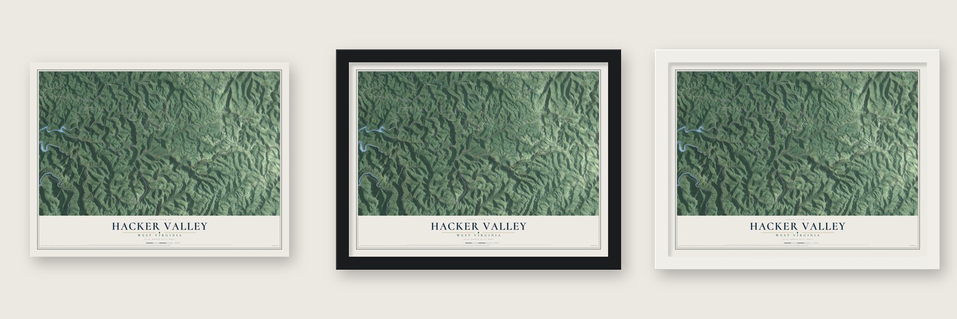 Hacker Valley, West Virginia map unframed, in a black wood frame and in a white wood frame