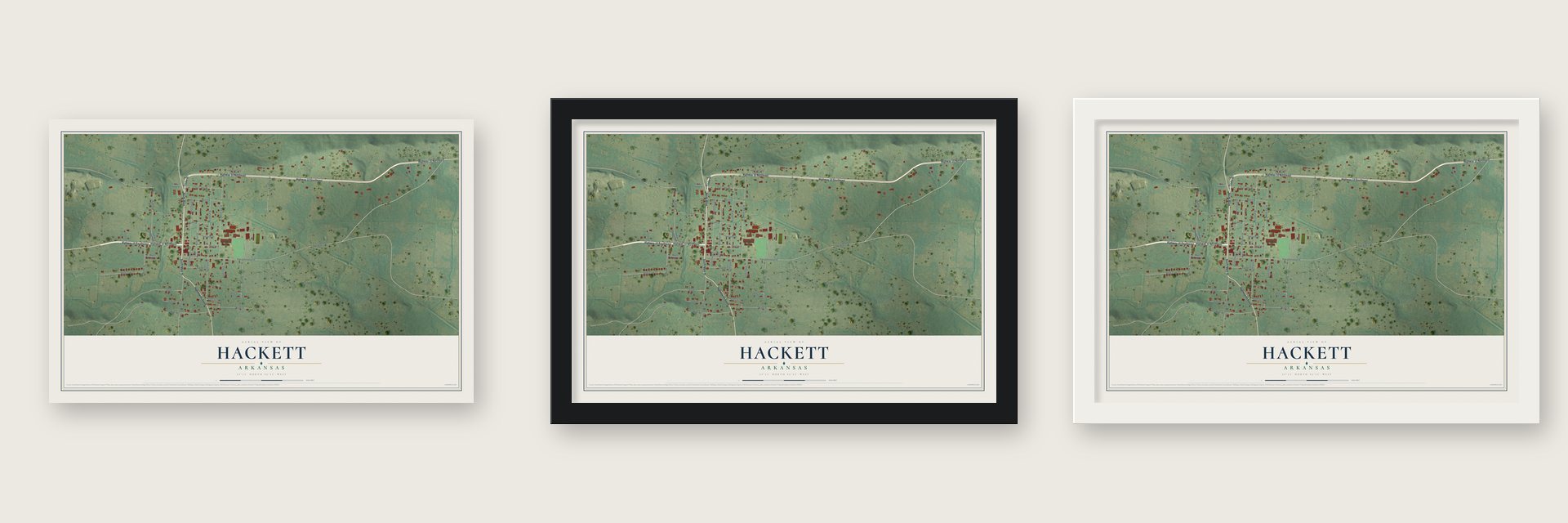 Hackett, Arkansas map unframed, in a black wood frame and in a white wood frame