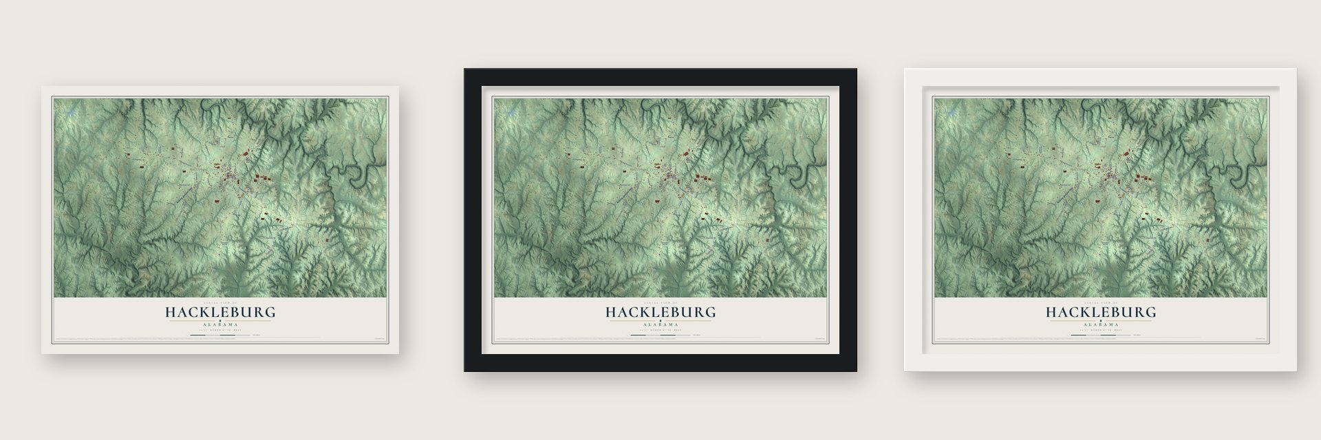 Hackleburg, Alabama map unframed, in a black wood frame and in a white wood frame