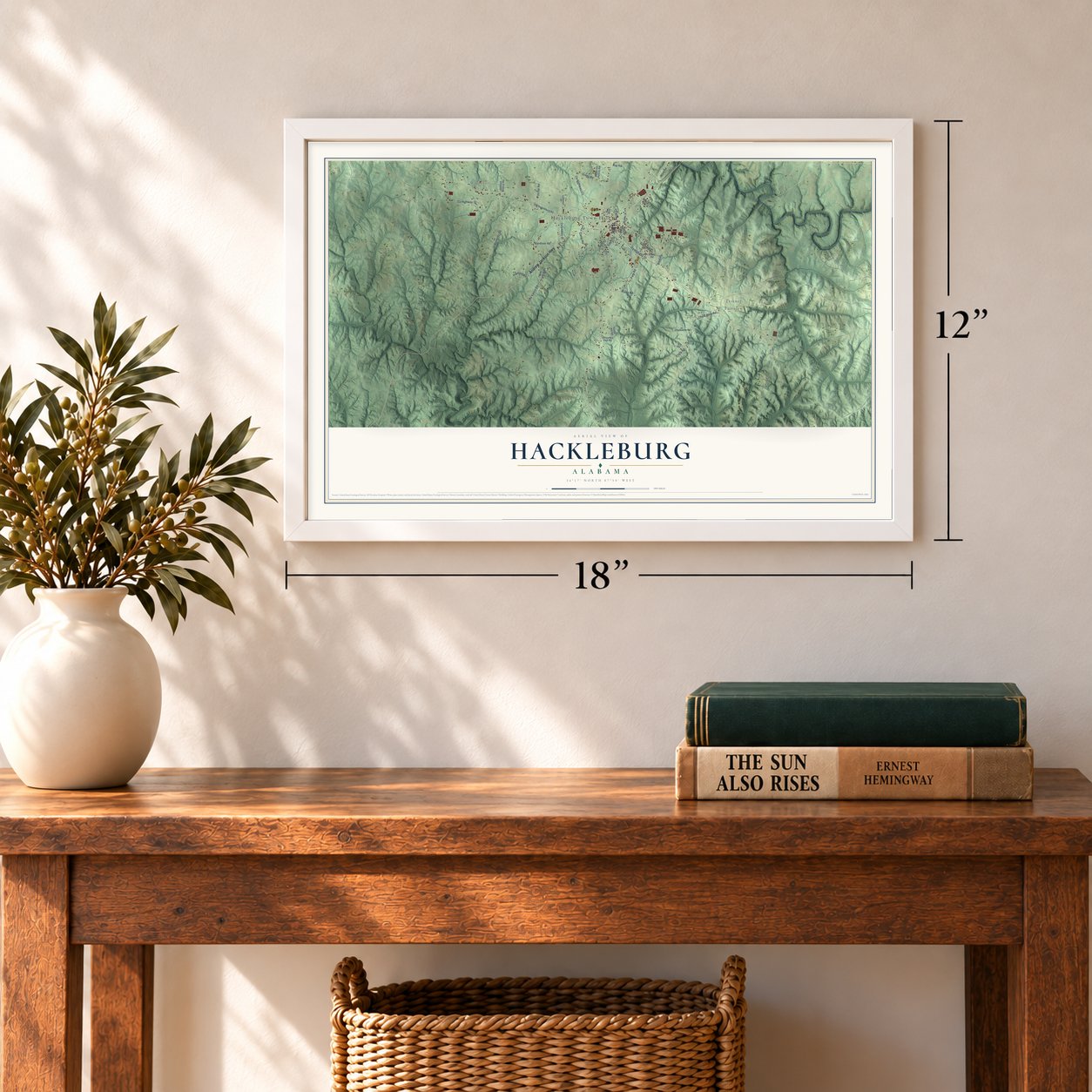 Hackleburg, Alabama map, 12 x 18 inch print in a white frame in an entryway