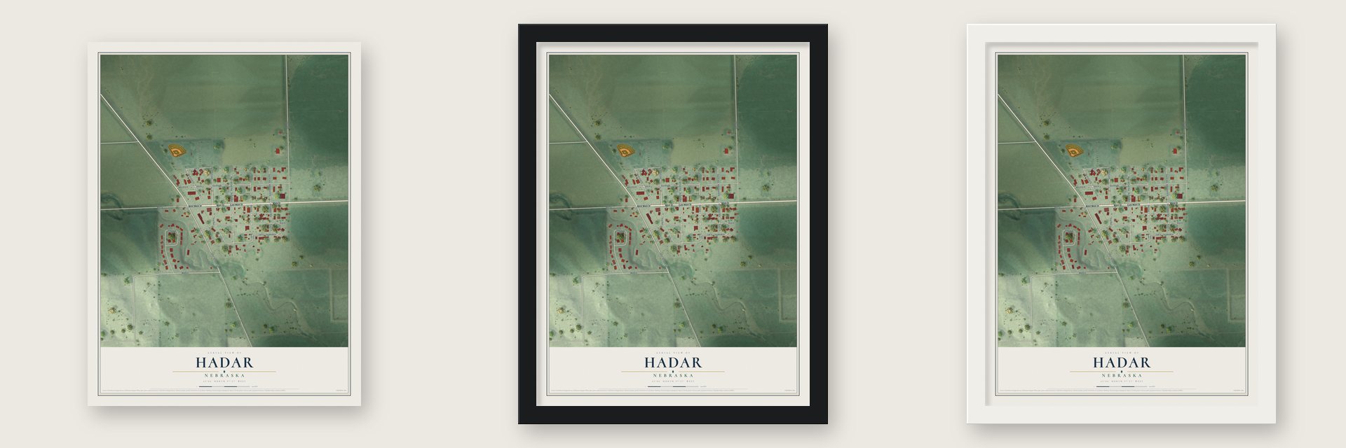 Hadar, Nebraska map unframed, in a black wood frame and in a white wood frame