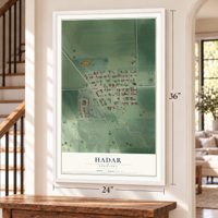 Hadar, Nebraska map, 24 x 36 inch print in a white frame by a staircase