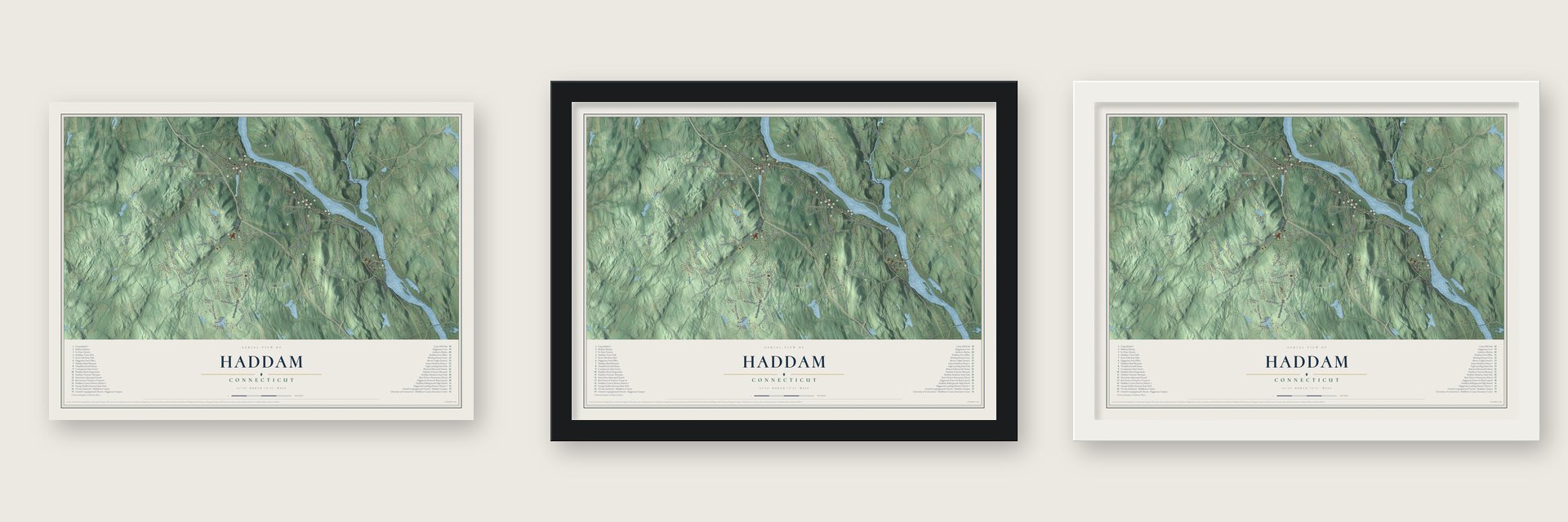 Haddam, Connecticut map unframed, in a black wood frame and in a white wood frame