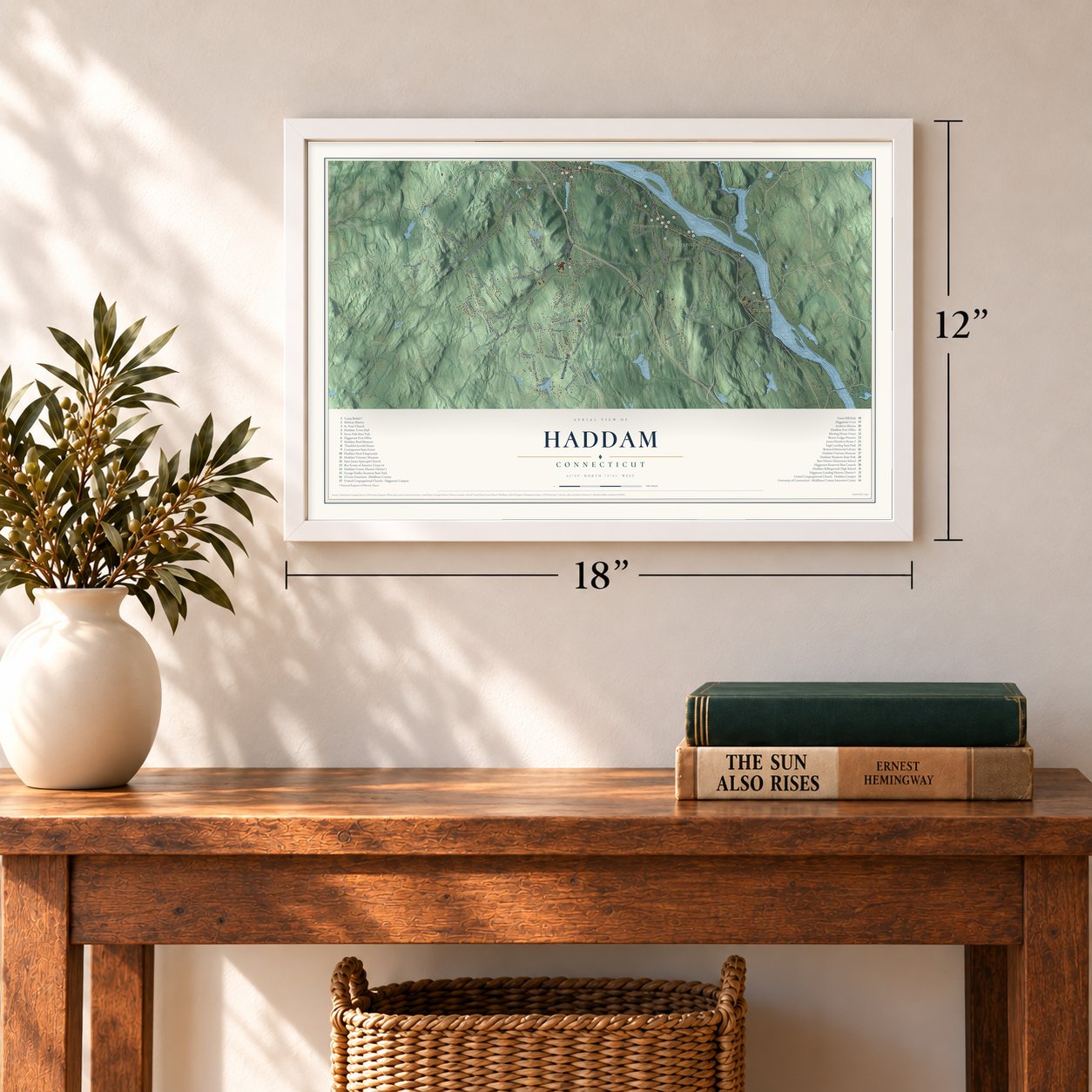 Haddam, Connecticut map, 12 x 18 inch print in a white frame in an entryway