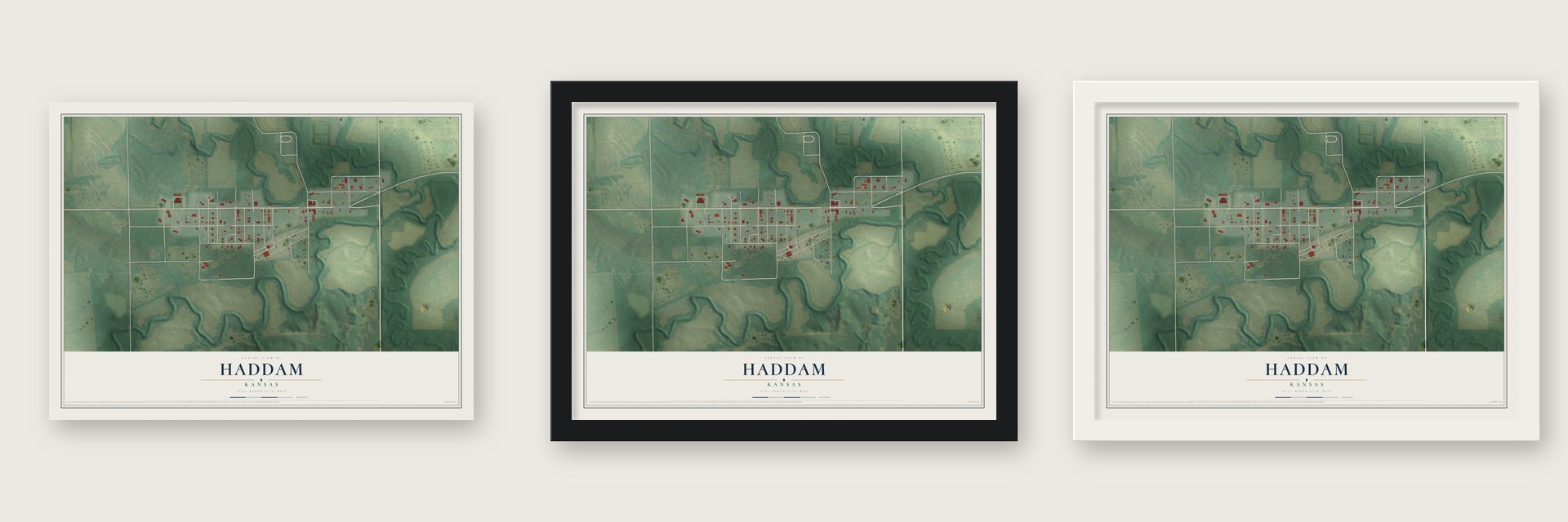 Haddam, Kansas map unframed, in a black wood frame and in a white wood frame