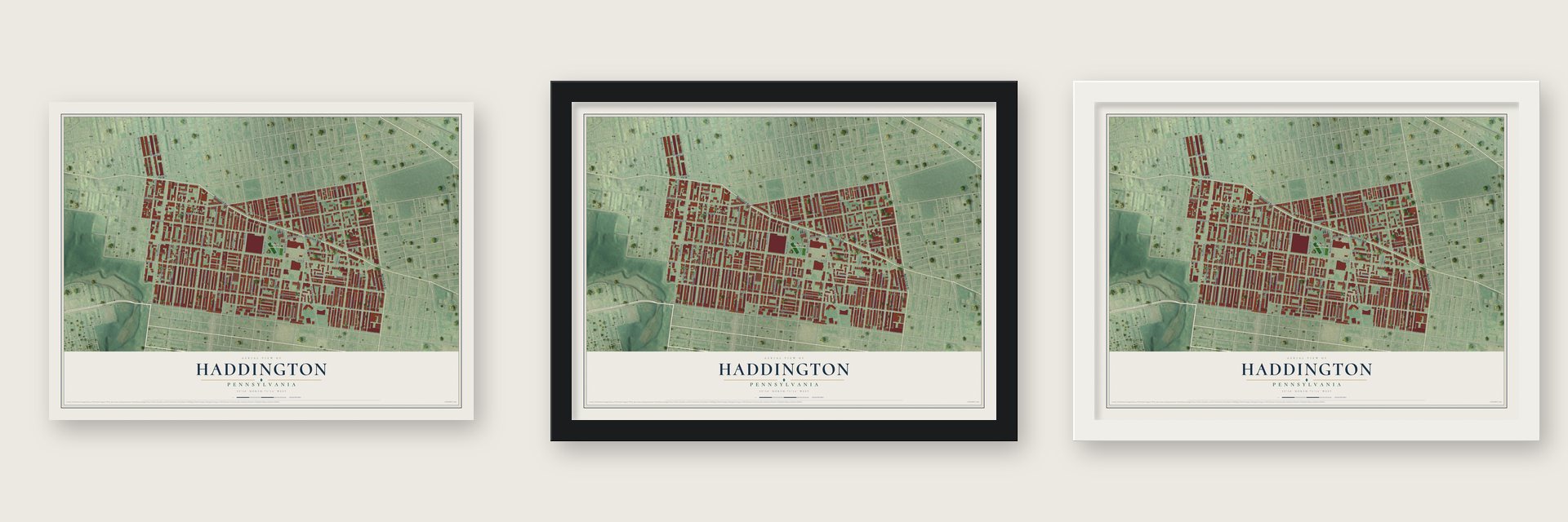 Haddington, Pennsylvania map unframed, in a black wood frame and in a white wood frame